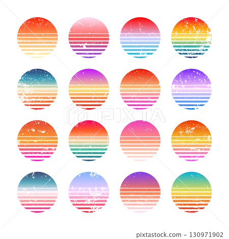 Grunge vintage colorful sunset. Striped gradient sunrise badges in 80s and 90s style. Sun and ocean view, summer vibes, surfing. Design element for print, logo or t-shirt. Vector illustration Grunge vintage colorful sunset. Striped gradient sunrise badges in 80s and 90s style. Sun and ocean view, summer vibes, surfing. Design element for print, logo or t-shirt. Vector illustration 130971902