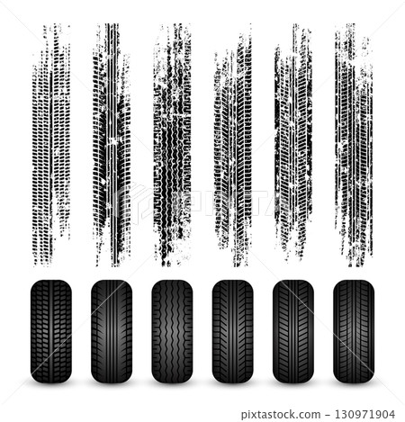 Grunge tire tracks, rubber wheels, and braking marks. Truck, car, or motorcycle tread pattern silhouettes. Perfect for auto racing, motorsport, and speed-related designs. Vector illustration 130971904