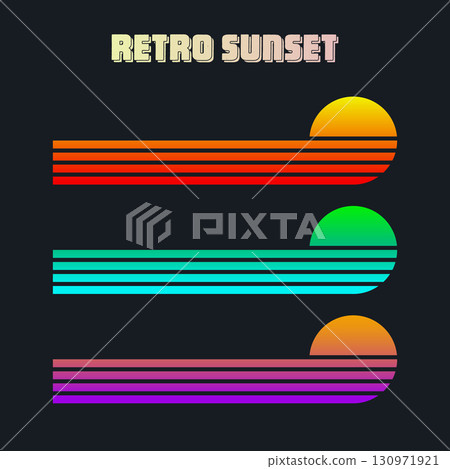 Vintage colorful sunset. Various gradient striped sunrise badges in 80s and 90s style. Sun and ocean view, summer vibes, surfing. Design element for print, logo or t-shirt. Vector illustration 130971921