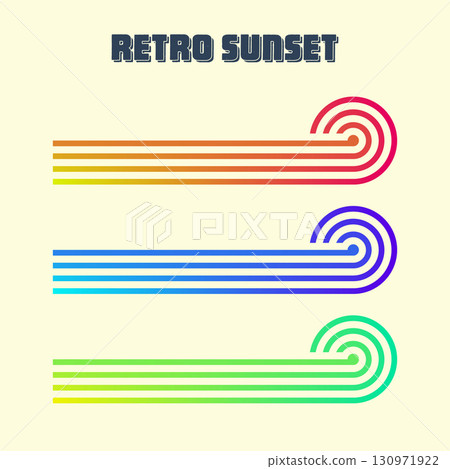 Vintage colorful sunset. Various gradient striped sunrise badges in 80s and 90s style. Sun and ocean view, summer vibes, surfing. Design element for print, logo or t-shirt. Vector illustration 130971922