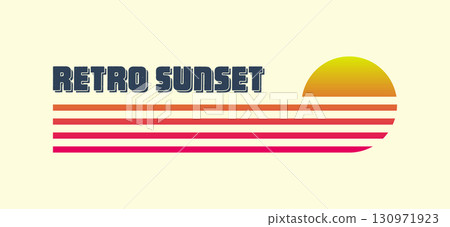 Vintage colorful sunset. Various gradient striped sunrise badges in 80s and 90s style. Sun and ocean view, summer vibes, surfing. Design element for print, logo or t-shirt. Vector illustration 130971923
