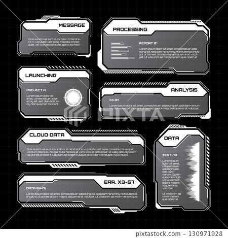 White futuristic HUD, UI elements. Sci-fi user interface text boxes, callouts. Warning message frames, information boxes template. Modern game interface layout in digital style. Vector illustration 130971928