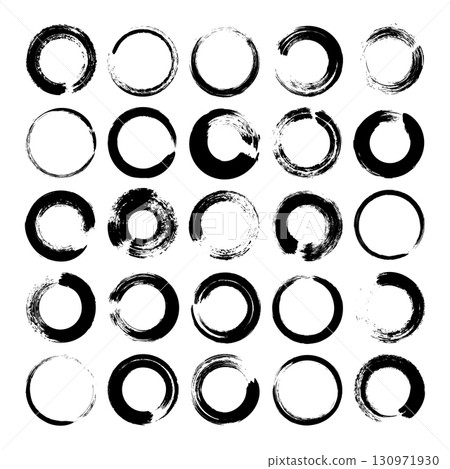 Grunge circles, brush strokes, lines, ink smudges, hand-drawn scribble shapes. Handmade sketchy marks, acrylic stains, charcoal streaks. Paint textures, dry brush effect. Vector illustration 130971930