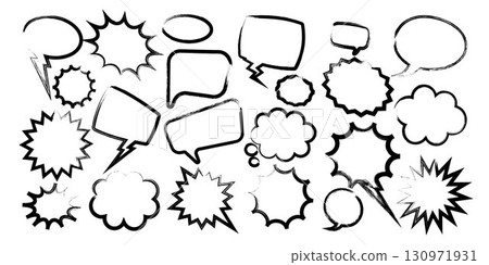 Grunge comic speech bubbles with brush strokes, ink smudges, acrylic stains or charcoal streaks. Hand drawn retro cartoon stickers. Chatting, message box. Vector illustration Grunge comic speech bubbles with brush strokes, ink smudges, acrylic stains or charcoal streaks. Hand drawn retro cartoon stickers. Chatting, message box. Vector illustration 130971931