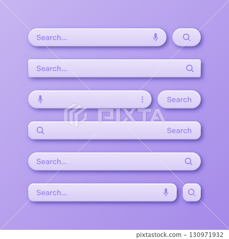 Colorful 3d search bar templates. Internet browser engine with search box, address bar and text field. UI design, website interface element with web icons and push button. Vector illustration Colorful 3d search bar templates. Internet browser engine with search box, address bar and text field. UI design, website interface element with web icons and push button. Vector illustration 130971932