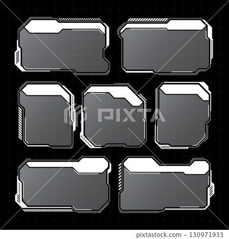 White futuristic HUD, UI elements. Sci-fi user interface text boxes, callouts. Warning message frames, information boxes template. Modern game interface layout in digital style. Vector illustration 130971933
