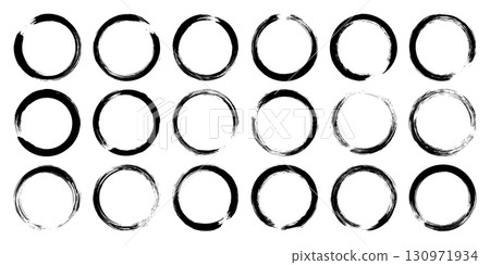 Grunge circles, brush strokes, lines, ink smudges, hand-drawn scribble shapes. Handmade sketchy marks, acrylic stains, charcoal streaks. Paint textures, dry brush effect. Vector illustration 130971934