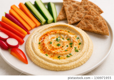 Colorful Hummus Platter With Crudites And Warm Pita Wedges 130971955