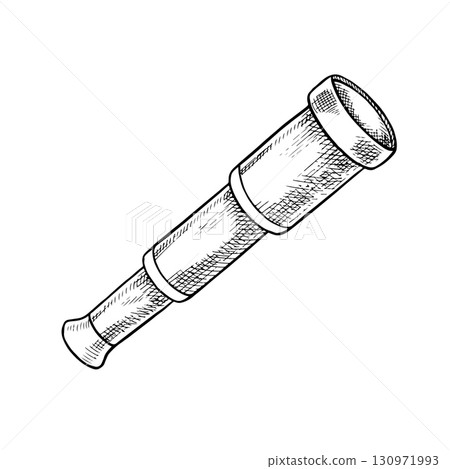 A spyglass. Black and white graphics, vector illustrations, hand-drawn. For the design of children s games and holidays. For stickers, invitation cards, posters and banners, packaging and much more. A spyglass. Black and white graphics, vector illustrations, hand-drawn. For the design of children s games and holidays. For stickers, invitation cards, posters and banners, packaging and much more. 130971993
