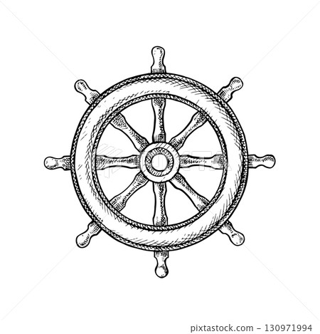 Ship s wheel. Black and white graphics, hand-drawn vector illustrations. For decorating children s games and celebrations. For stickers, invitation cards, posters and banners, packaging, and more. 130971994