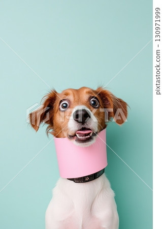 A surprised dog with its mouth open captured against a vibrant mintcolored background creates an adorable scene 130971999