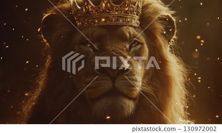 A Majestic Lion adorned with a Crown standing out beautifully against a Magical and Glittering Background 130972002