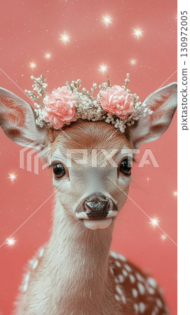 An adorable young deer adorned with a floral crown stands gracefully against a dreamy, enchanting background 130972005