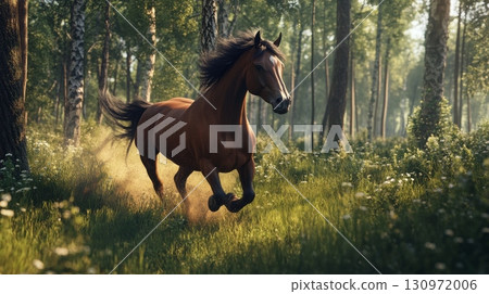 A Majestic White Horse is Galloping Gracefully Beyond the Trees in an Enchanted Forest During a Beautiful Dusk Sky 130972006