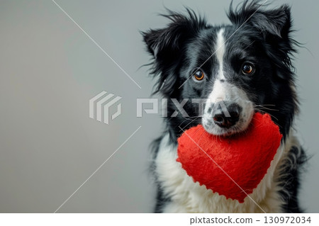 Happy black and white border collie dog holding a red heart-shaped toy. 130972034