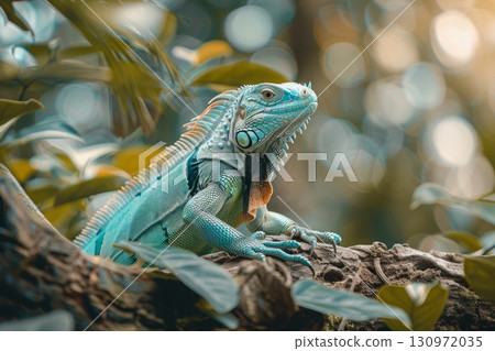Colorful green iguana perched on a branch in its tropical habitat, flaunting vibrant scales and exotic beauty 130972035