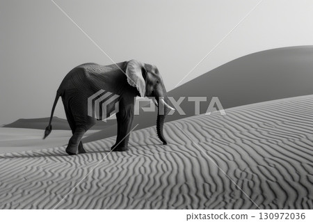 Exploring the majesty of a solitary elephant in the arid desert, capturing the contrast between life and barren sands 130972036