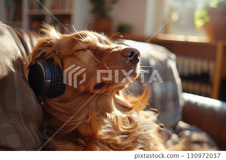 Adorable dog at home, relaxing with headphones, finding comfort in music and creating a peaceful atmosphere 130972037