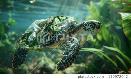 An Inspiring Hawksbill Turtle Encounter Among Marine Rocks, Sea Debris, and Vibrant Aquatic Life Forms 130972042