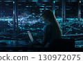 Hightech data center with woman using laptop and digital glowing blue lines 130972075