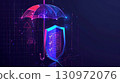 Digital insurance concept, Shield and checklist are under protective umbrella 130972076
