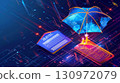 Digital insurance concept, Shield and checklist are under protective umbrella 130972079