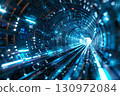 Digital data stream of numbers and letters in the dark tunnel with glow, futuristic background for technology concept. 130972084