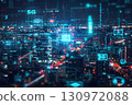 Futuristic 5G network digital hologram and Internet of Things (IoT) icons displayed over a city background 130972088