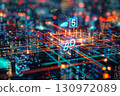 Futuristic 5G network digital hologram and Internet of Things (IoT) icons displayed over a city background 130972089