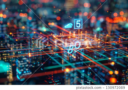 Futuristic 5G network digital hologram and Internet of Things (IoT) icons displayed over a city background 130972089