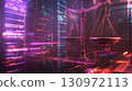 Law scales on background of data center. Digital law concept of duality of Judiciary, 130972113