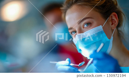 Female dentist wearing a protective mask smiles confidently in a modern dental clinic 130972194