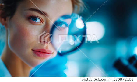 Close-up of a female dermatologist holding a magnifying glass during skin examination 130972195