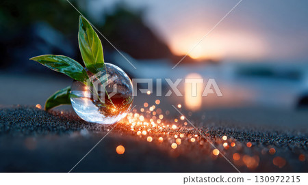 Glass globe with green leaves sprouting inside placed on sandy beach at sunset 130972215