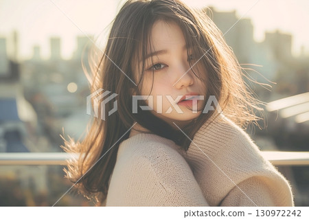 AI-generated images of beautiful women, hairstyles, and fashion photographed on the streets 130972242