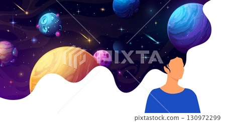 Woman with space hair and galaxy planets in starry sky, vector background. Girl or woman with hair of space or thinking about galaxy and cosmic fantasy with UFO sapceship and asteroids or comets Woman with space hair and galaxy planets in starry sky, vector background. Girl or woman with hair of space or thinking about galaxy and cosmic fantasy with UFO sapceship and asteroids or comets 130972299