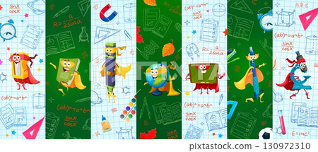 Cartoon school stationery superhero characters collage. Student supplies and science tools with defender capes on graph paper and chalkboard backgrounds, celebrating learning, math and creativity 130972310