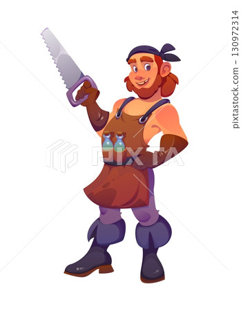 Cartoon surgeon pirate ship crew character holding a saw and potion bottles. Vector cheerful Caribbean medical doctor corsair personage with beard and medical tools, ready for fantasy adventure story Cartoon surgeon pirate ship crew character holding a saw and potion bottles. Vector cheerful Caribbean medical doctor corsair personage with beard and medical tools, ready for fantasy adventure story 130972314