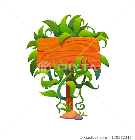 Cartoon wooden sign board decorated tropical jungle leaves and lianas. Wood signboard with creeper plants, roots or thicket. Vector direction sign, banner on pole with hanging rainforest greenery Cartoon wooden sign board decorated tropical jungle leaves and lianas. Wood signboard with creeper plants, roots or thicket. Vector direction sign, banner on pole with hanging rainforest greenery 130972315
