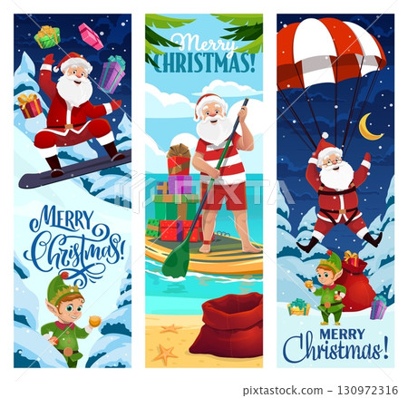 Santa characters on Christmas banners. Funny vertical cards with Noel personage snowboarding, paddleboarding at the beach and parachuting with gifts. Includes elf, snowy mountains, ocean, and presents 130972316