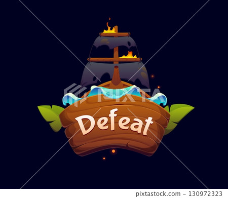 Defeat pirate and corsair game frame icon asset features cartoon sinking rover ship with fire on wooden hull, dramatic flames and water splash. Pop up banner or badge suggest game over or battle loss 130972323