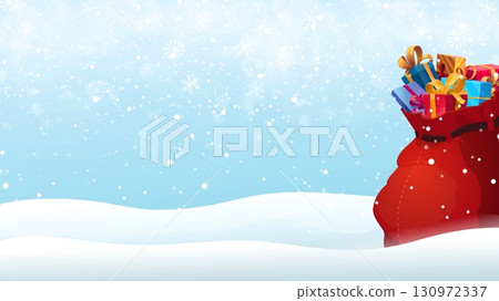 Christmas gifts bag on the snow. Vector red Xmas sack overflowing with colorful presents sits on a snowy landscape with falling snowflakes. Festive winter background for holiday cards, seasonal banner Christmas gifts bag on the snow. Vector red Xmas sack overflowing with colorful presents sits on a snowy landscape with falling snowflakes. Festive winter background for holiday cards, seasonal banner 130972337