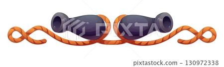 Cartoon marine and nautical divider, pirate and corsair border frame, piracy decoration featuring two black cannons tied with coiled orange ropes. Isolated vector maritime rover decorative element 130972338