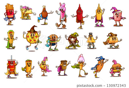 Cartoon Halloween groovy fast food and drink characters. Retro hippie pizza, burger and hot dog vector personages in Halloween costumes. Psychedelic groovy fries, pop corn, ice cream and coffee Cartoon Halloween groovy fast food and drink characters. Retro hippie pizza, burger and hot dog vector personages in Halloween costumes. Psychedelic groovy fries, pop corn, ice cream and coffee 130972343