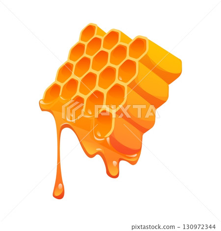 Glossy cartoon honeycomb with golden hexagonal cells and thick honey dripping, emphasizing food cooking process, sweetness and apiary beekeeping organic product, highlights fluid texture Glossy cartoon honeycomb with golden hexagonal cells and thick honey dripping, emphasizing food cooking process, sweetness and apiary beekeeping organic product, highlights fluid texture 130972344