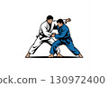 logo illustration of two stylized judo athletes locked in a dynamic grappling pose. Pair of judokas fighters fighting on isolated white background done in cartoon style. 130972400