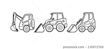 Construction machines working together to excavate and move materials in a building site Construction machines working together to excavate and move materials in a building site 130972508