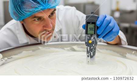 In a food processing facility, a male technician performs pH testing on a batch of sour cream. He uses a digital pH meter to ensure product quality and safety. 130972632