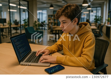Teenager coding on a laptop in a modern workspace during the day while analyzing data on a smartphone beside him Teenager coding on a laptop in a modern workspace during the day while analyzing data on a smartphone beside him 130972677