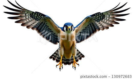 A Peregrine falcon is captured mid-flight, flaunting its blue gray wings and distinctive black markings around its eyes. This majestic bird embodies grace and strength in nature. 130972683